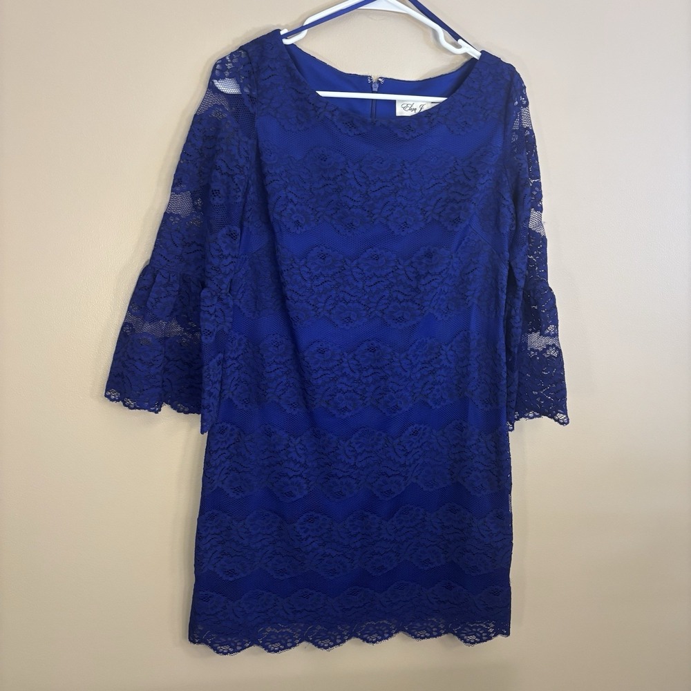 Eliza J Dark Blue Lace Sheath Dress Womens Size 8 Boat Neck 3/4 Sleeve Lined